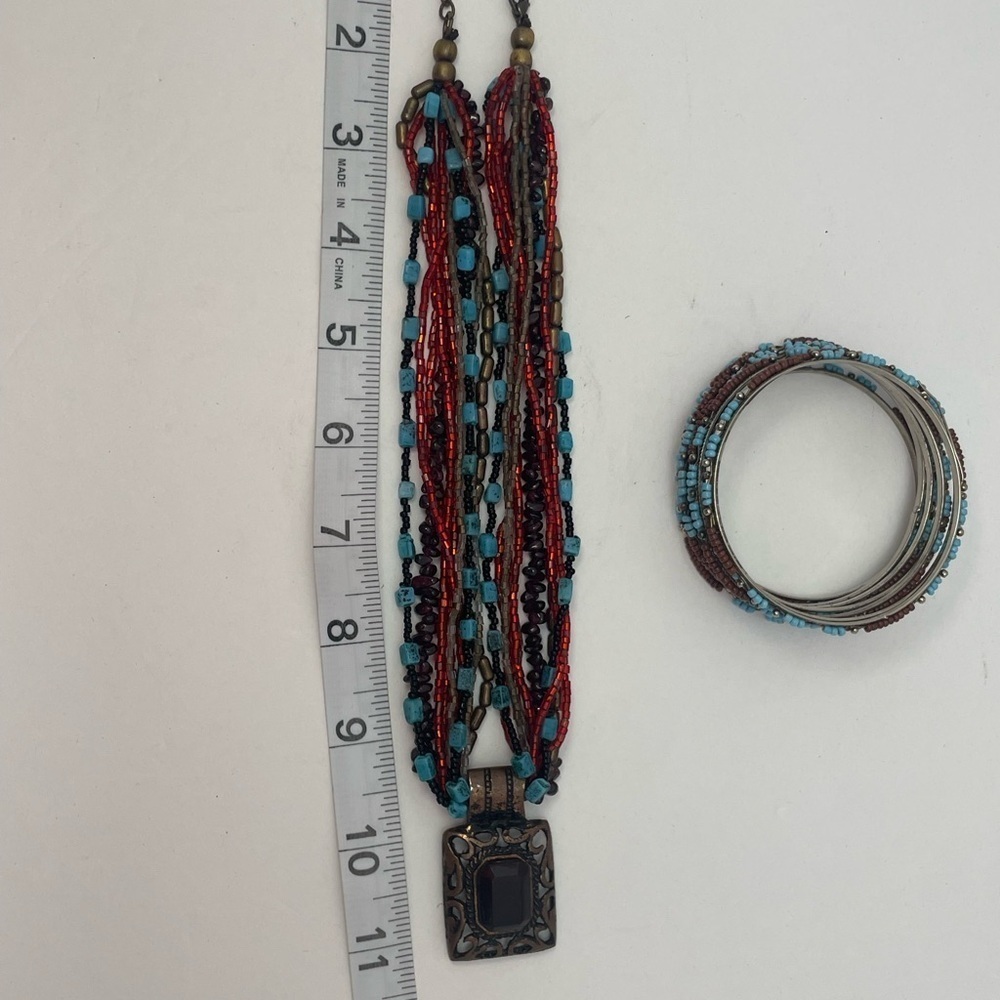 Turquoise and Coral color beaded necklace and bangle bracelets - Picture 3 of 7